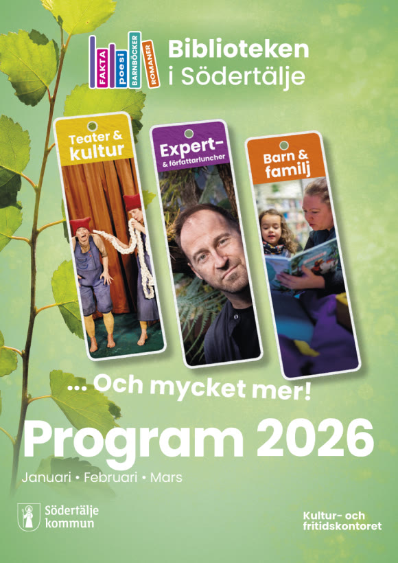 Programme brochure cover, spring 2026: three bookmarks for theatre, expert talks and families